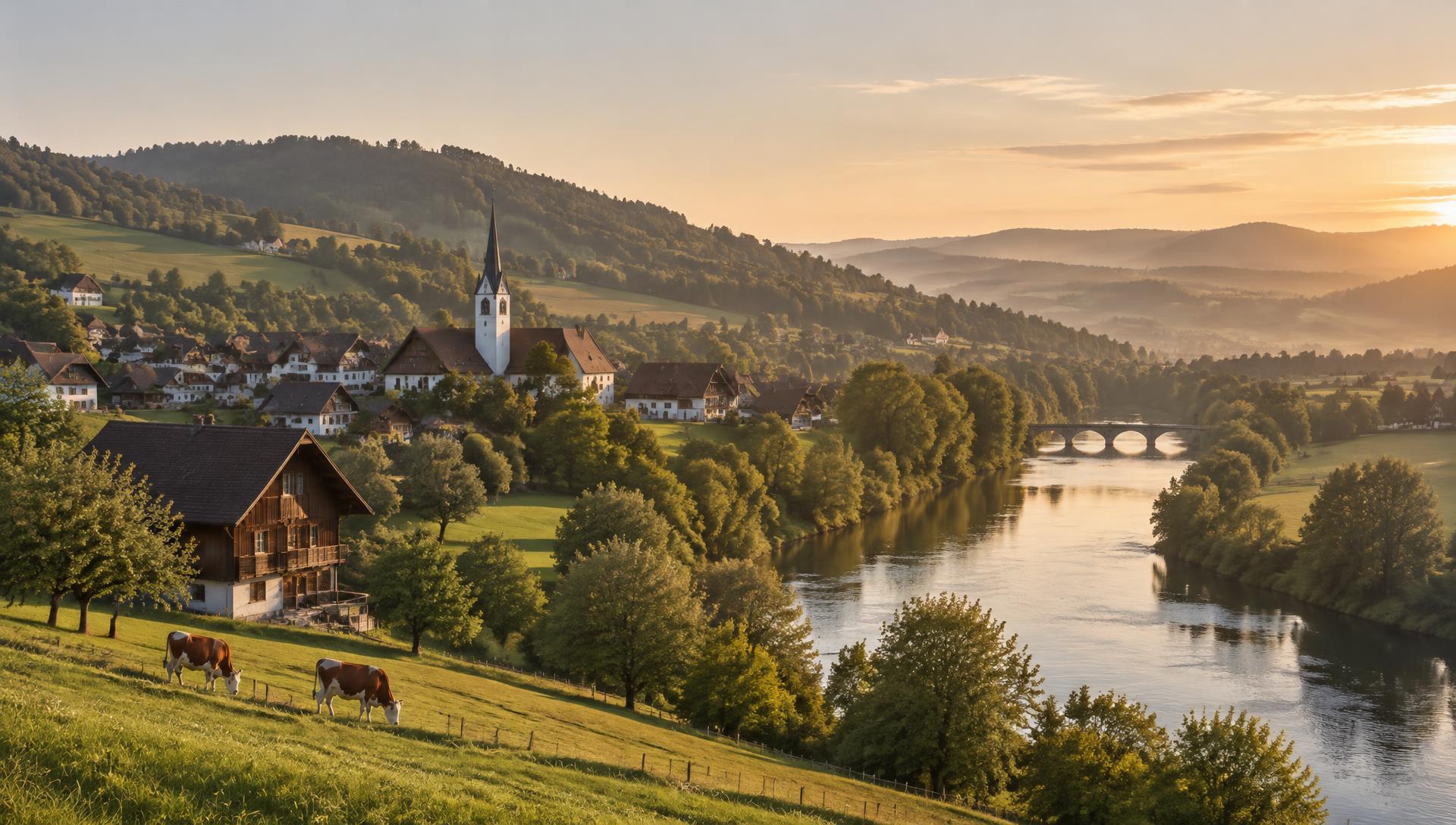Hügellandschaft im Freiamt mit Dorf und Reuss